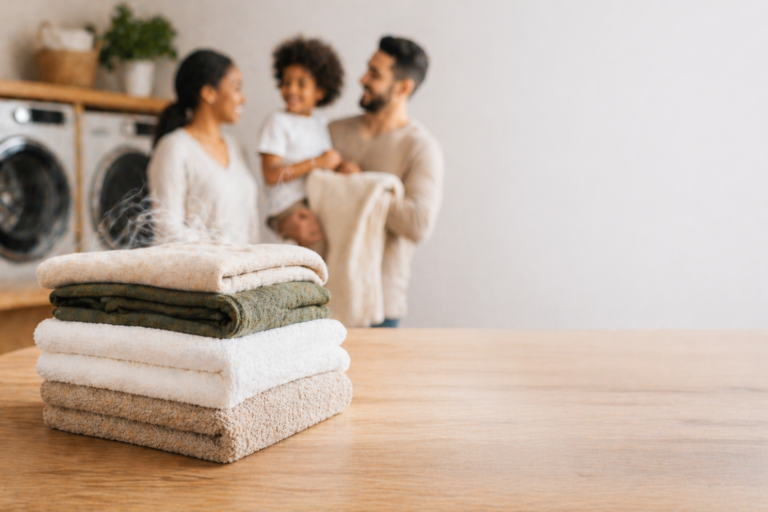 Neatly folded towels on a wooden countertop with soft steam rising, modern laundry room in the background and a smiling family out of focus, conveying freshness and professional laundry service