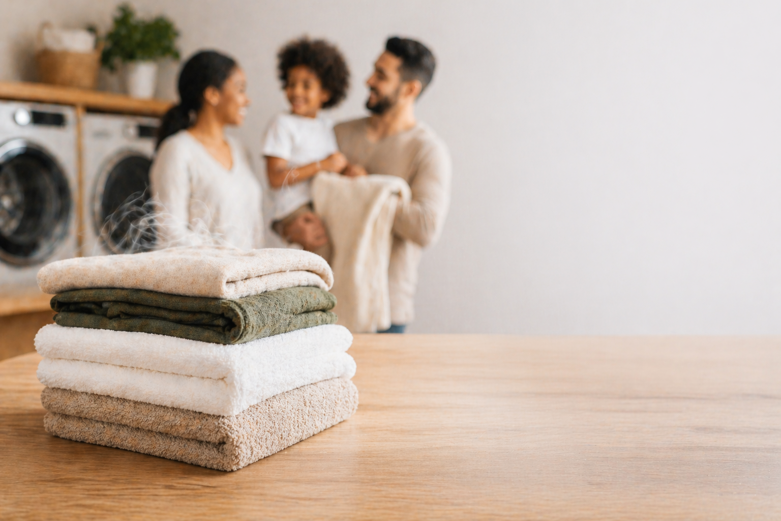 Neatly folded towels on a wooden countertop with soft steam rising, modern laundry room in the background and a smiling family out of focus, conveying freshness and professional laundry service